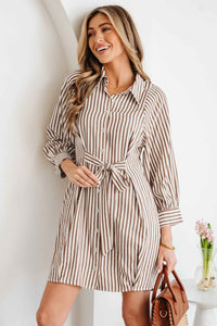 Robe chemisier rayée brune, col chemise, nœud à la taille, manches bouffantes.