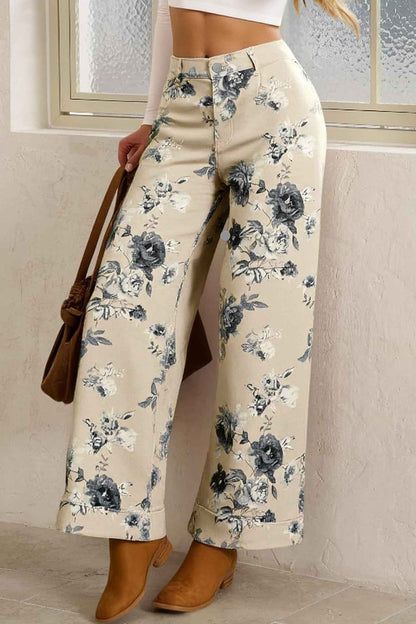 Jean Élégant à Imprimé Floral Beige