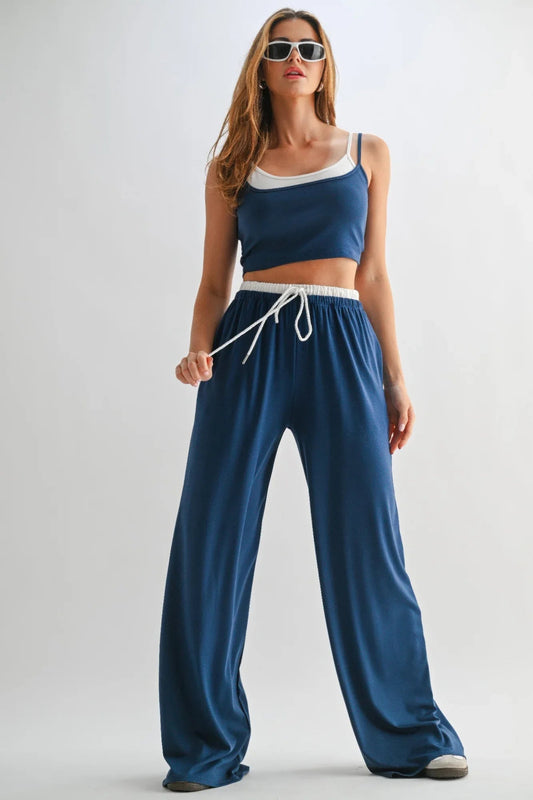 Ensemble Pantalon Fluide & Top Court Femme Confort Lounge Bleu Insignia – Oléna-Fashion