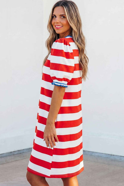 Robe Mini Rayures Rouges Manches Bouffantes Femme