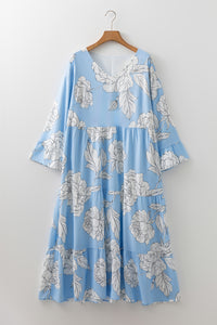 Robe longue bleu clair à imprimé floral, col en V, manches évasées, jupe à volants