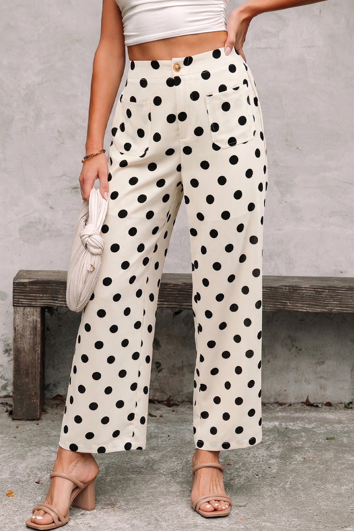 Pantalon Large à Pois Taille Mi-Haute Poches Plaquées – 4 Coloris