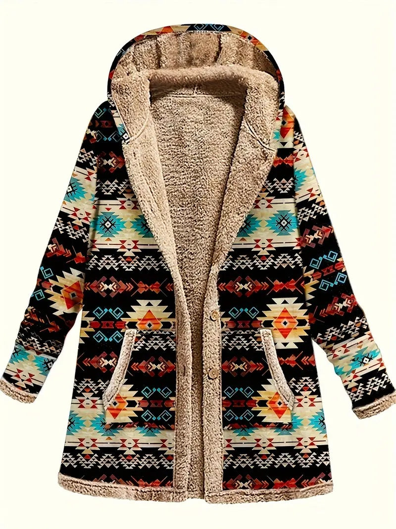 Veste à capuche en imprimé géométrique noir rouge bleu, doublure polaire beige