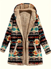 Veste à capuche en imprimé géométrique noir rouge bleu, doublure polaire beige