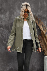 Veste Chemise en Jean Kaki Délavé à Ourlet Effiloché