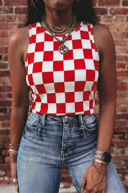 Débardeur Slim à Motif Damier Noir