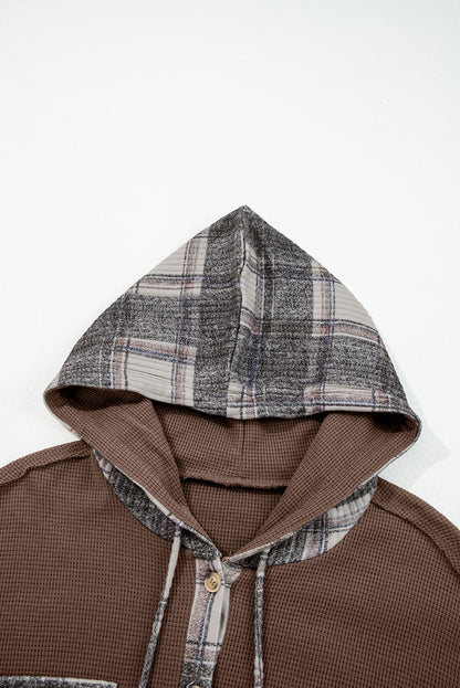 Veste Chemise Femme Capuche Patchwork – Carreaux Marron
