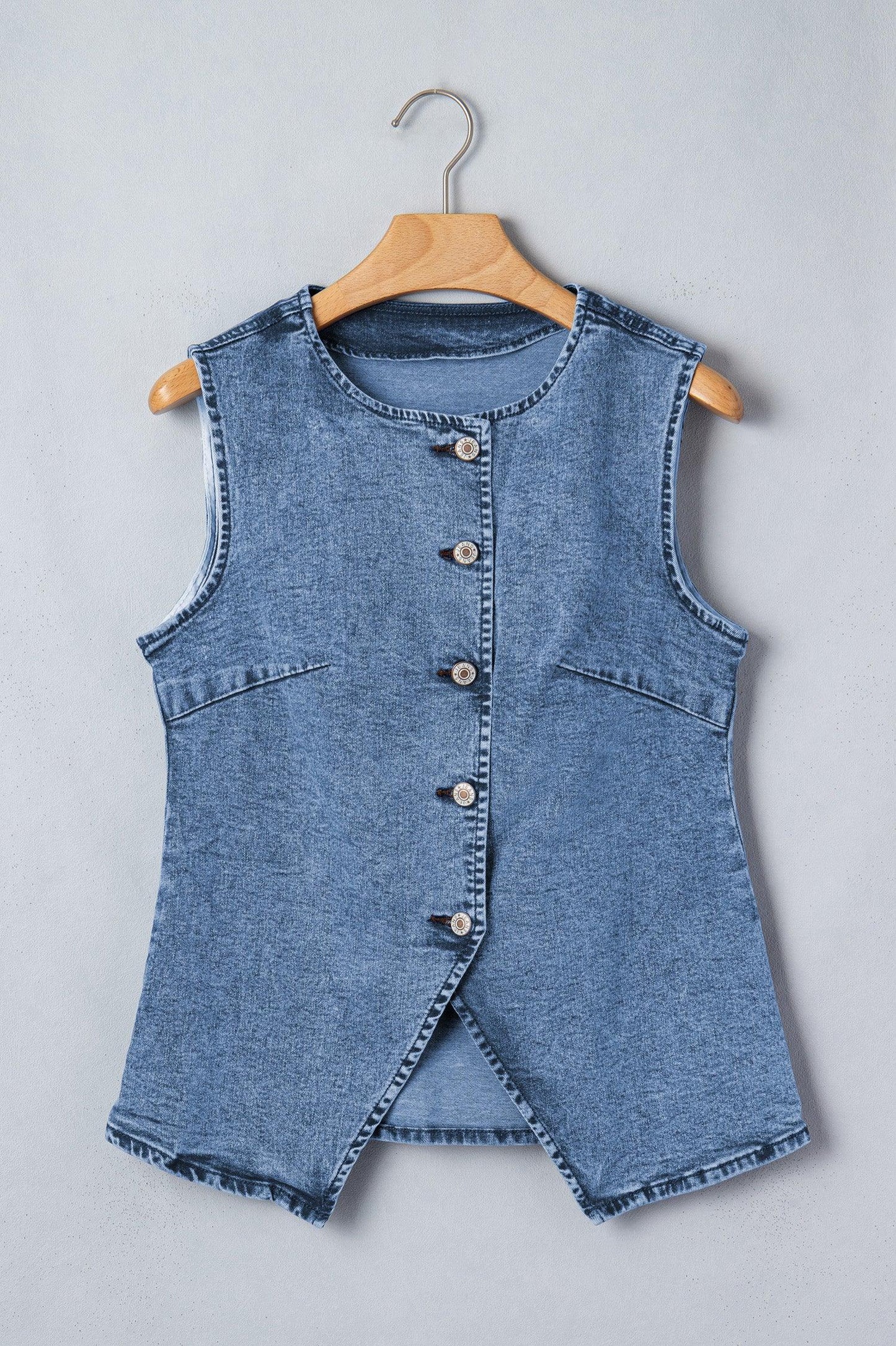 Gilet Sans Manches Denim Bleu Boutons Fente Avant Style Western Femme - Oléna-Fashion