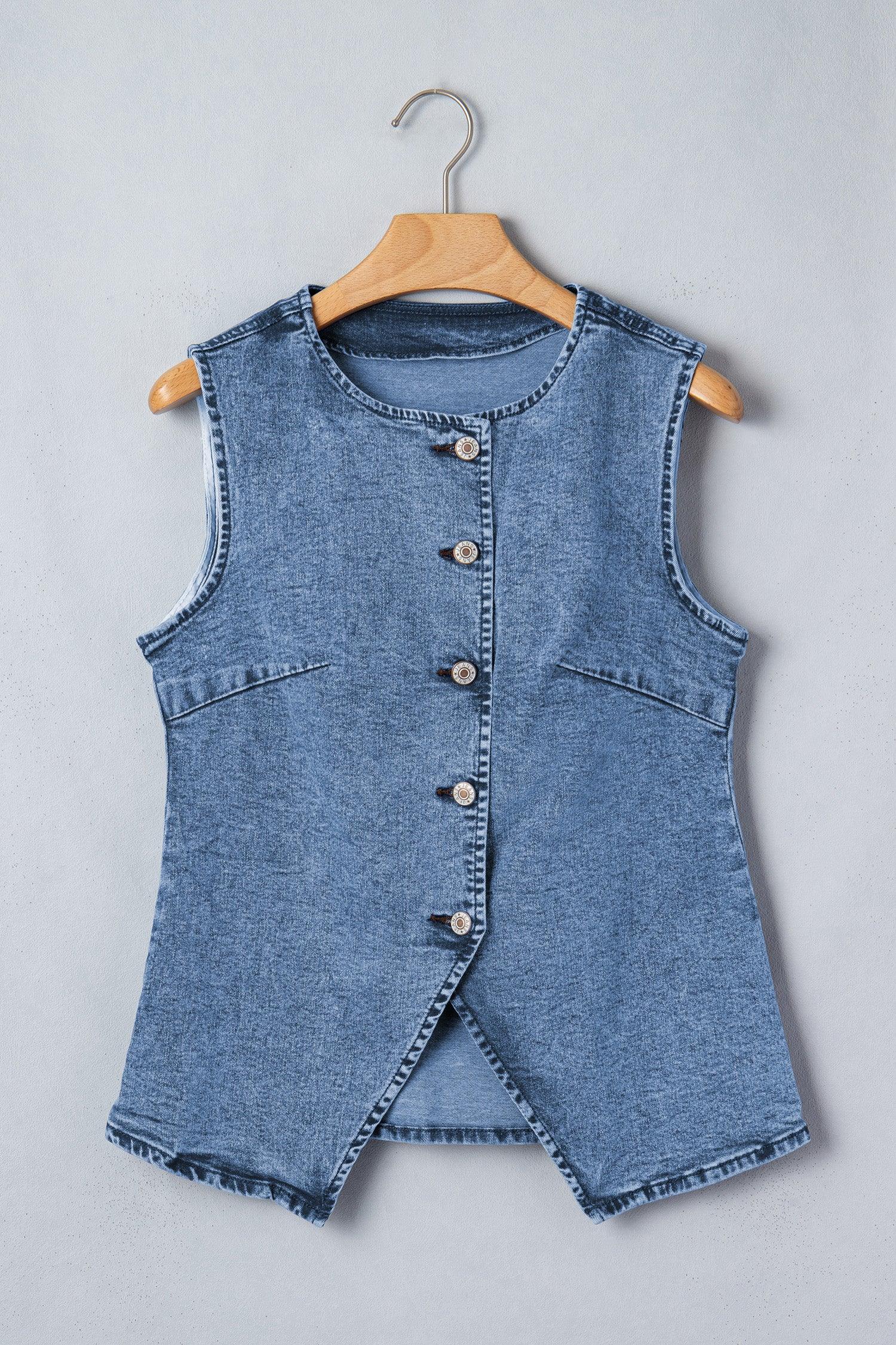 Gilet Sans Manches Denim Bleu Boutons Fente Avant Style Western Femme - Oléna-Fashion