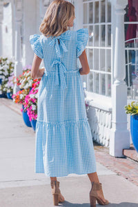 Robe longue vichy bleu ciel à volants, nœud au dos, femme