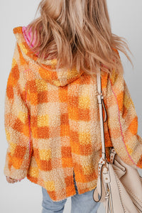 Veste sherpa à capuche orange à carreaux, intérieur rose, poches plaquées