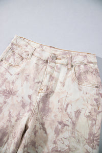 Jean femme imprimé camouflage beige/rose, taille à passants et bouton