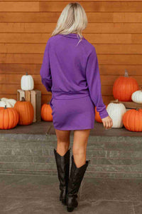 Ensemble pull demi-zip et mini jupe, violet, vue de dos, fermeture demi-zip.