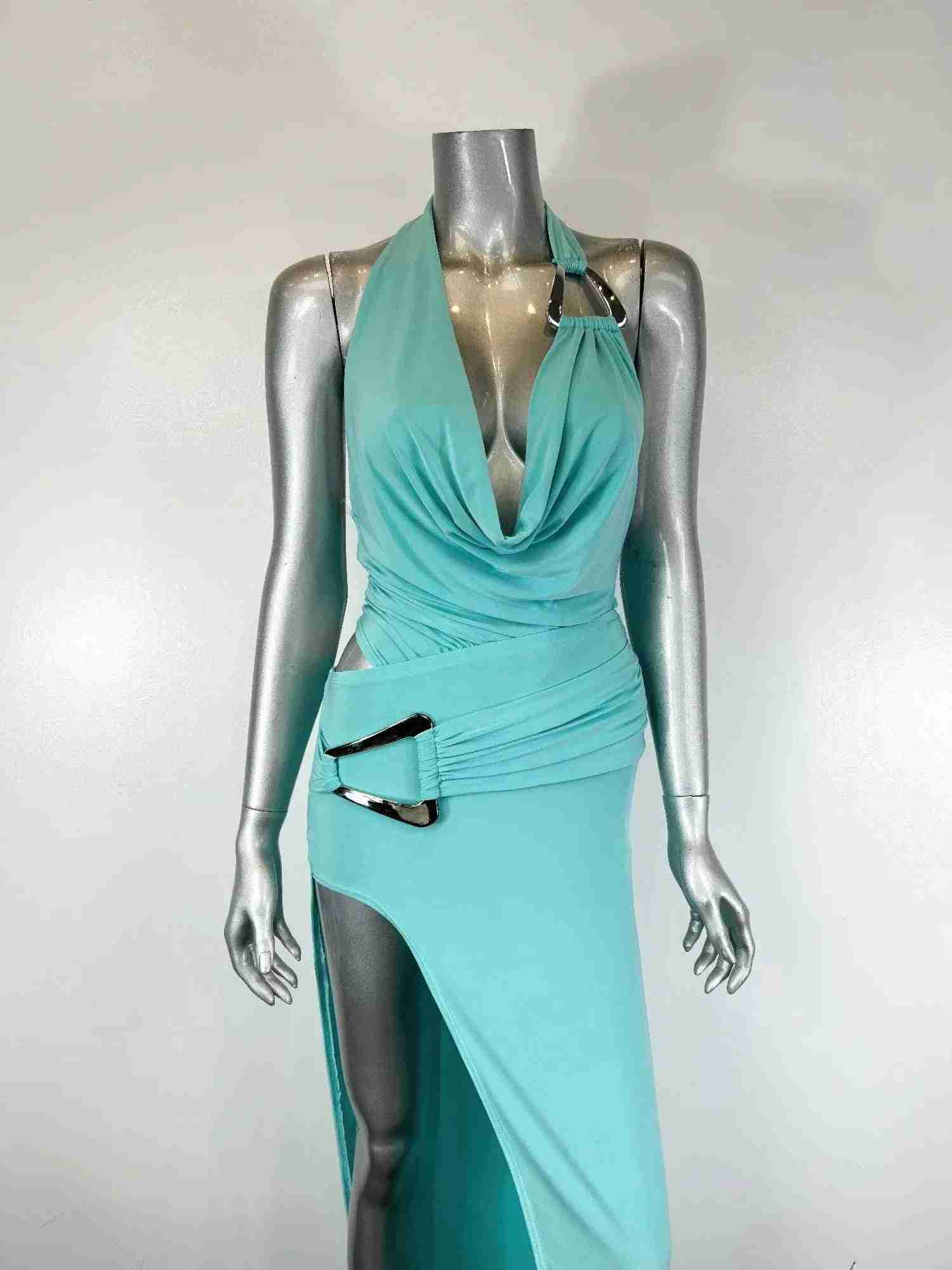 Ensemble Body Jupe Longue Aqua Col Licou – Fraîcheur Chic by CODIGO