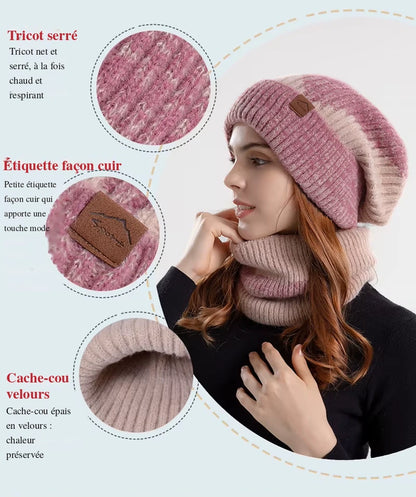 Women's Knit Beanie and Neck Warmer Set, Velvet-Lined