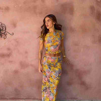 Ensemble en soie Miao : top court manches et pantalon long fleuri multicolore
