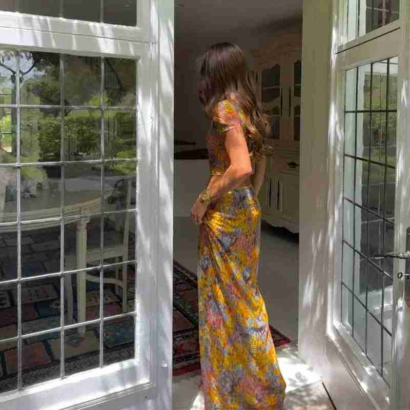 Ensemble en soie : top court et pantalon long taille haute fleuri multicolore