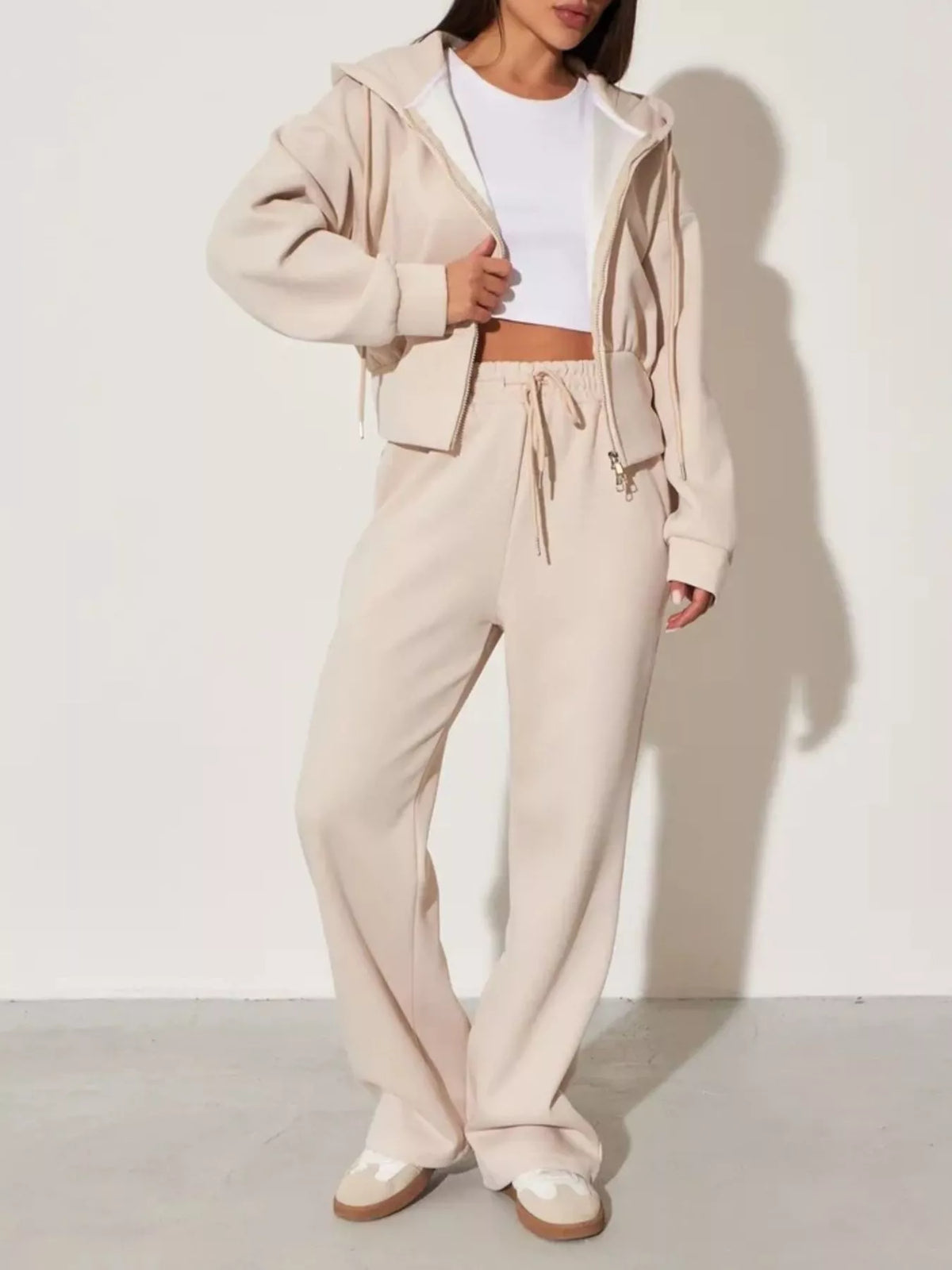 Ensemble femme sweat zippé à capuche et pantalon large – vue 1