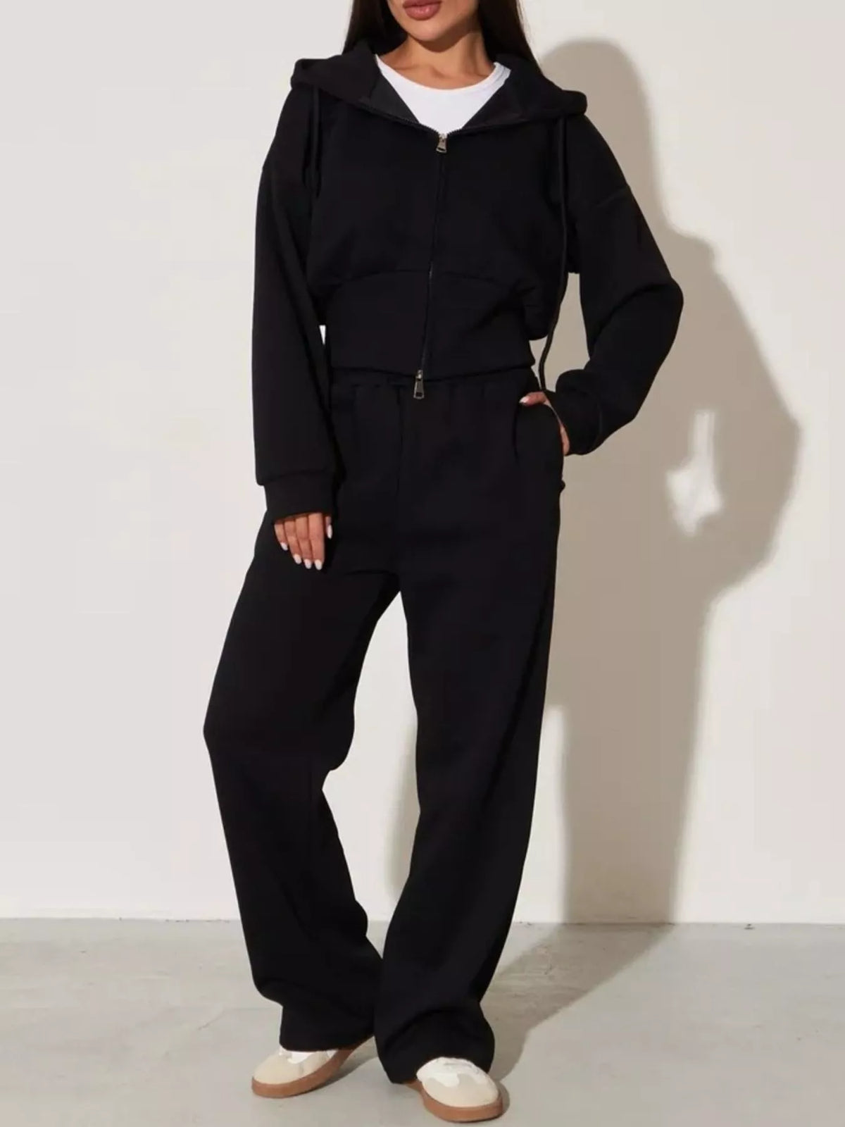 Ensemble femme sweat zippé à capuche et pantalon large – vue 19