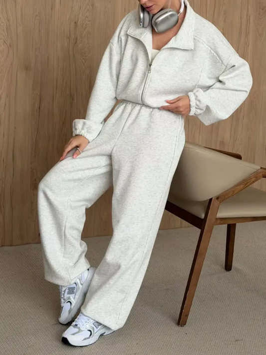 Ensemble femme veste zippée à dentelle et pantalon large – vue 1