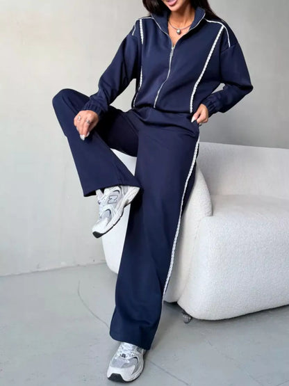 Ensemble femme veste zippée à dentelle et pantalon large – vue 11