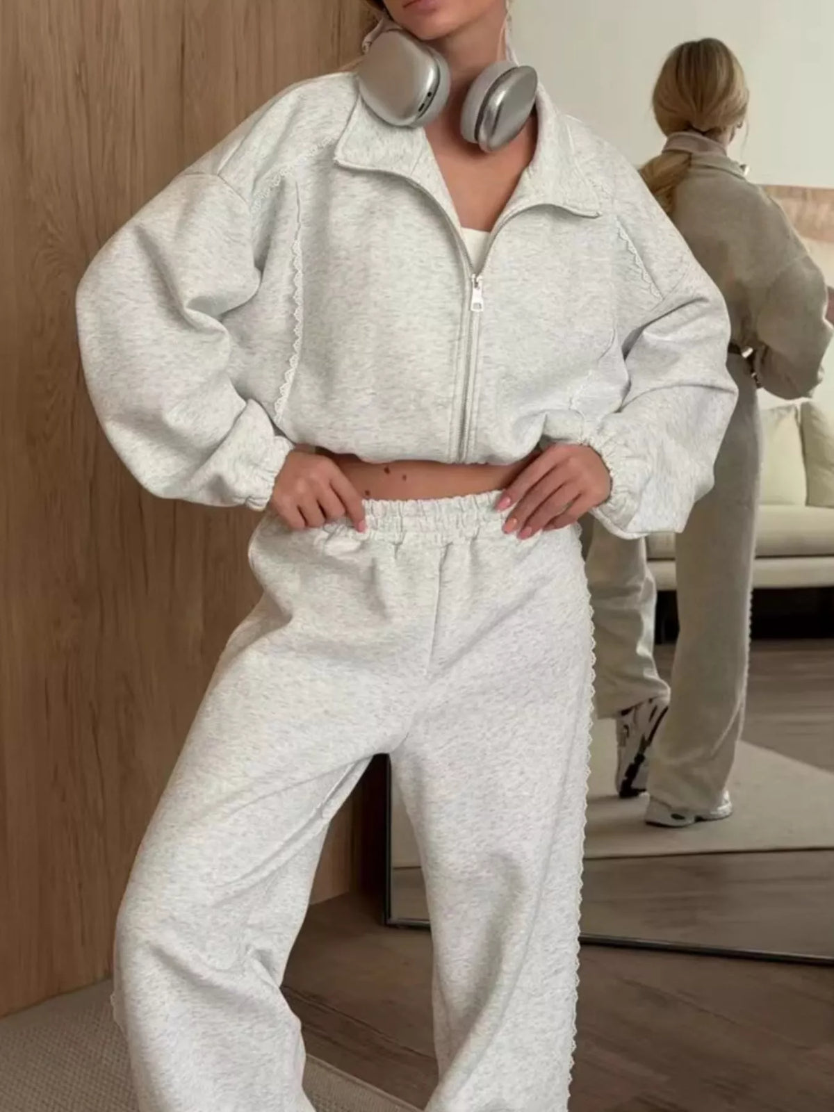 Ensemble femme veste zippée à dentelle et pantalon large – vue 3
