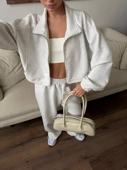 Ensemble femme veste zippée à dentelle et pantalon large – vue 4