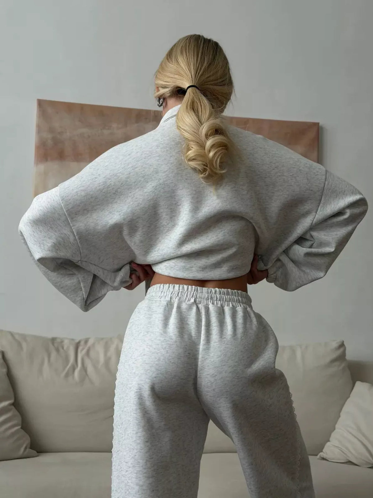 Ensemble femme veste zippée à dentelle et pantalon large – vue 7