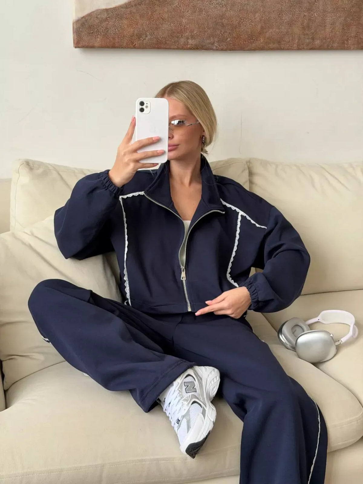 Ensemble femme veste zippée à dentelle et pantalon large – vue 8