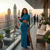 Ensemble robe longue fendue turquoise avec haut manches longues, coupe croisée