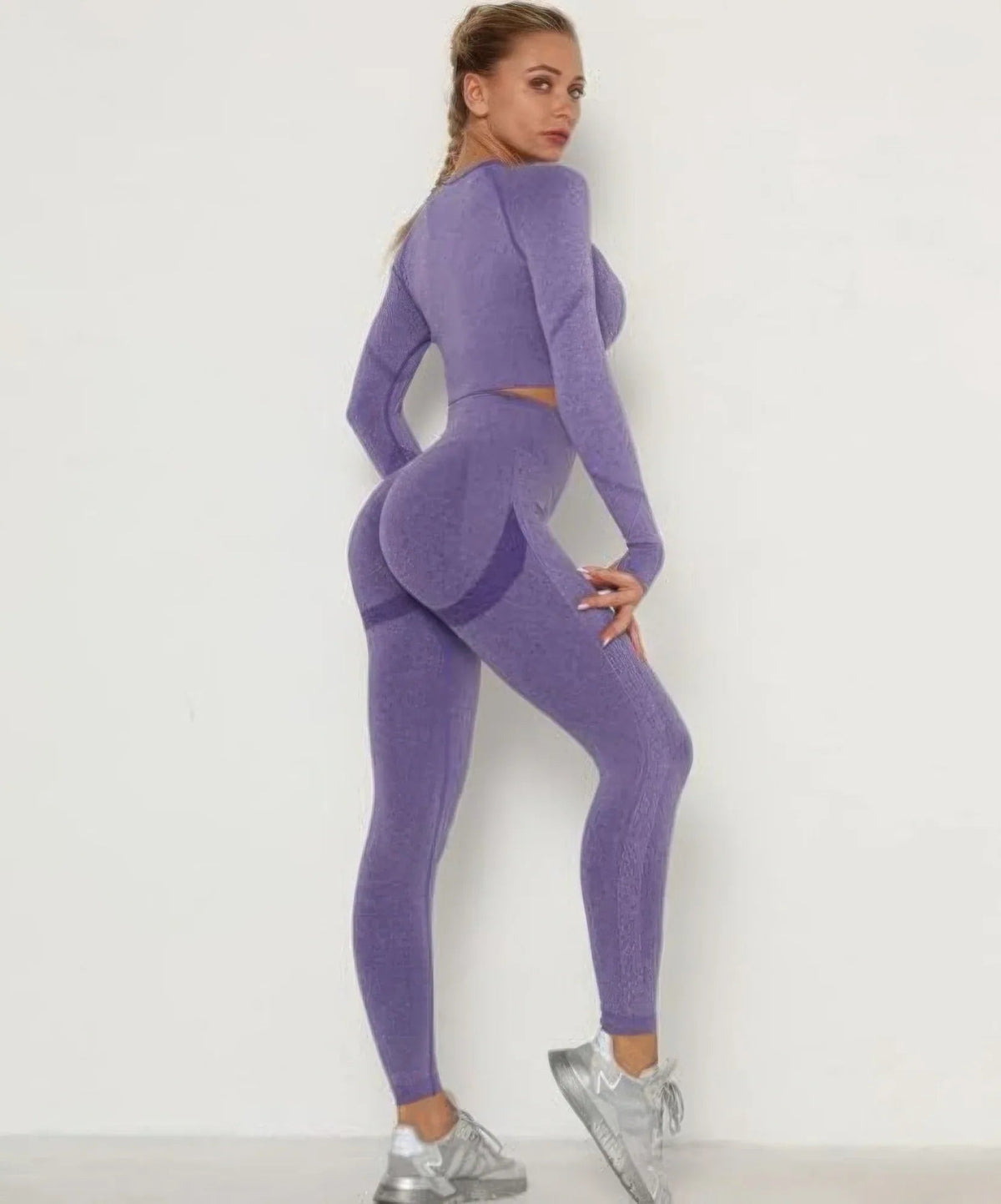 Ensemble haut court et leggings sans coutures, violet, vue arrière