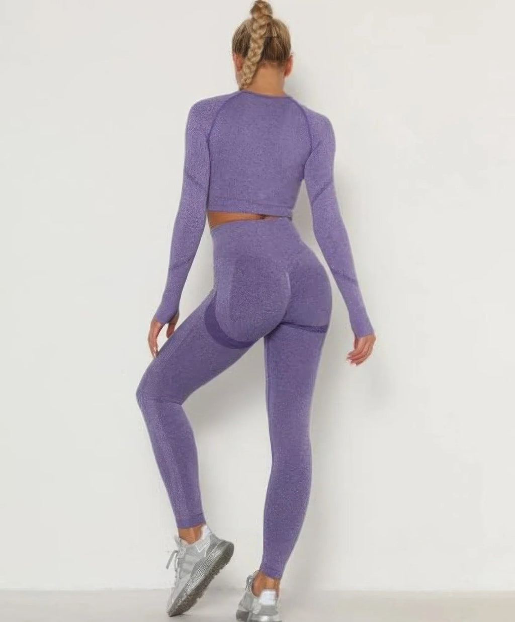 Ensemble haut court et leggings sans coutures, violet, dos et jambes
