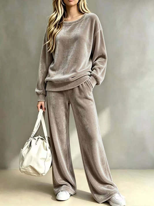 Ensemble deux pièces en velours pour femme, haut et pantalon large – vue 1