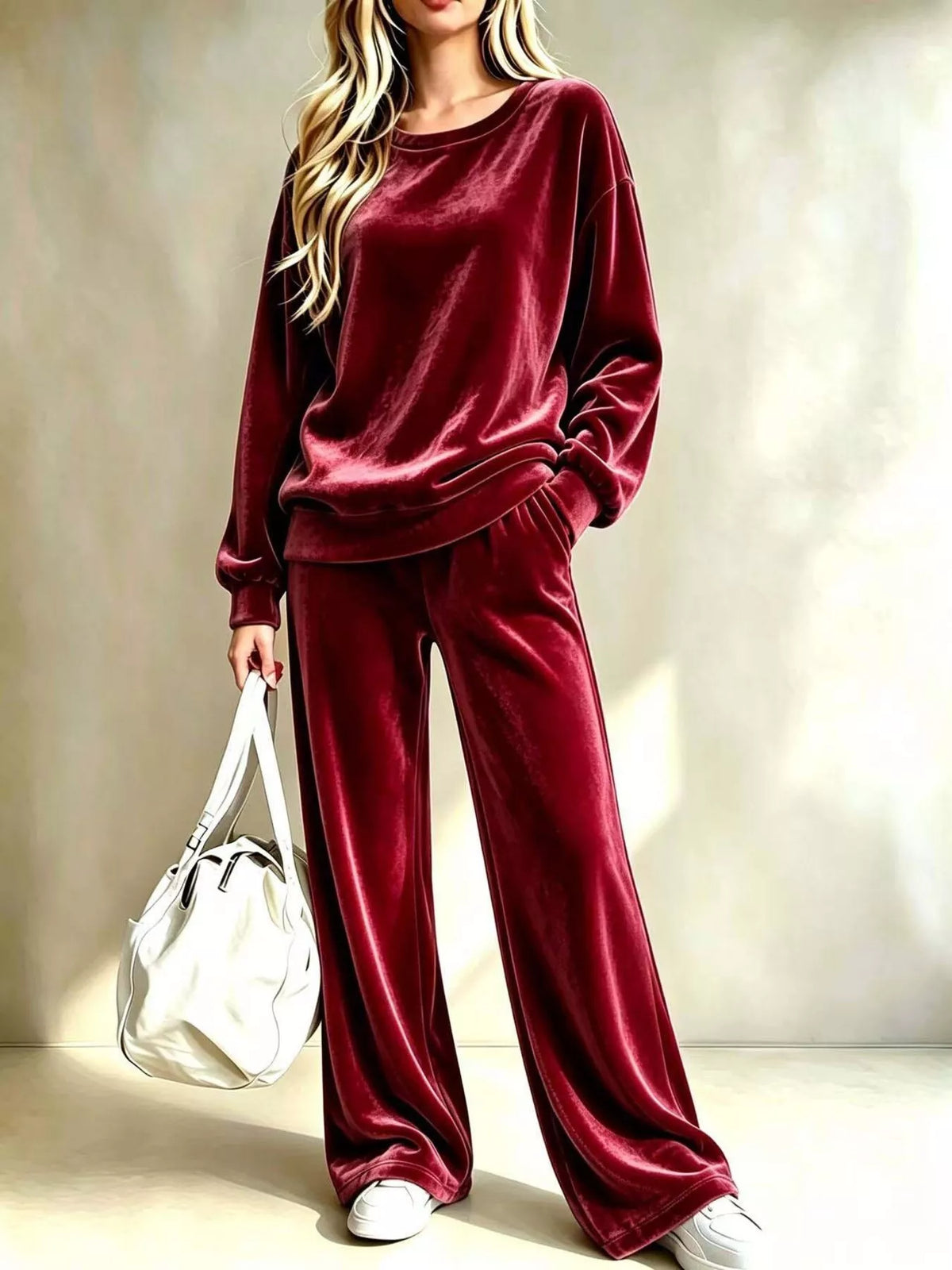 Ensemble deux pièces en velours pour femme, haut et pantalon large – vue 9
