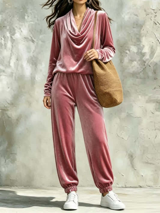Ensemble velours femme, haut à col bénitier et pantalon assorti – vue 1