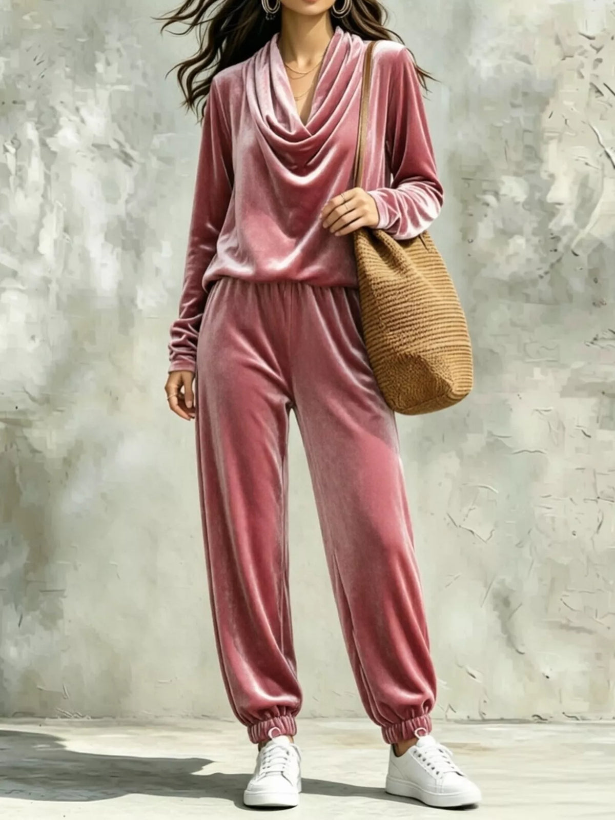 Ensemble velours femme, haut à col bénitier et pantalon assorti – vue 1