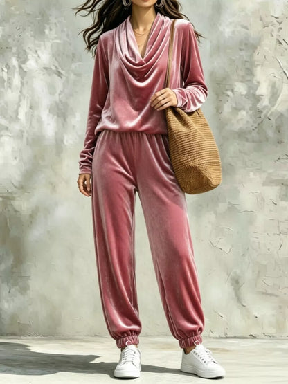 Ensemble velours femme, haut à col bénitier et pantalon assorti – vue 1