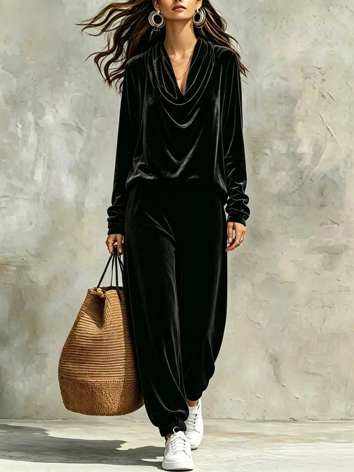 Ensemble velours femme, haut à col bénitier et pantalon assorti – vue 3