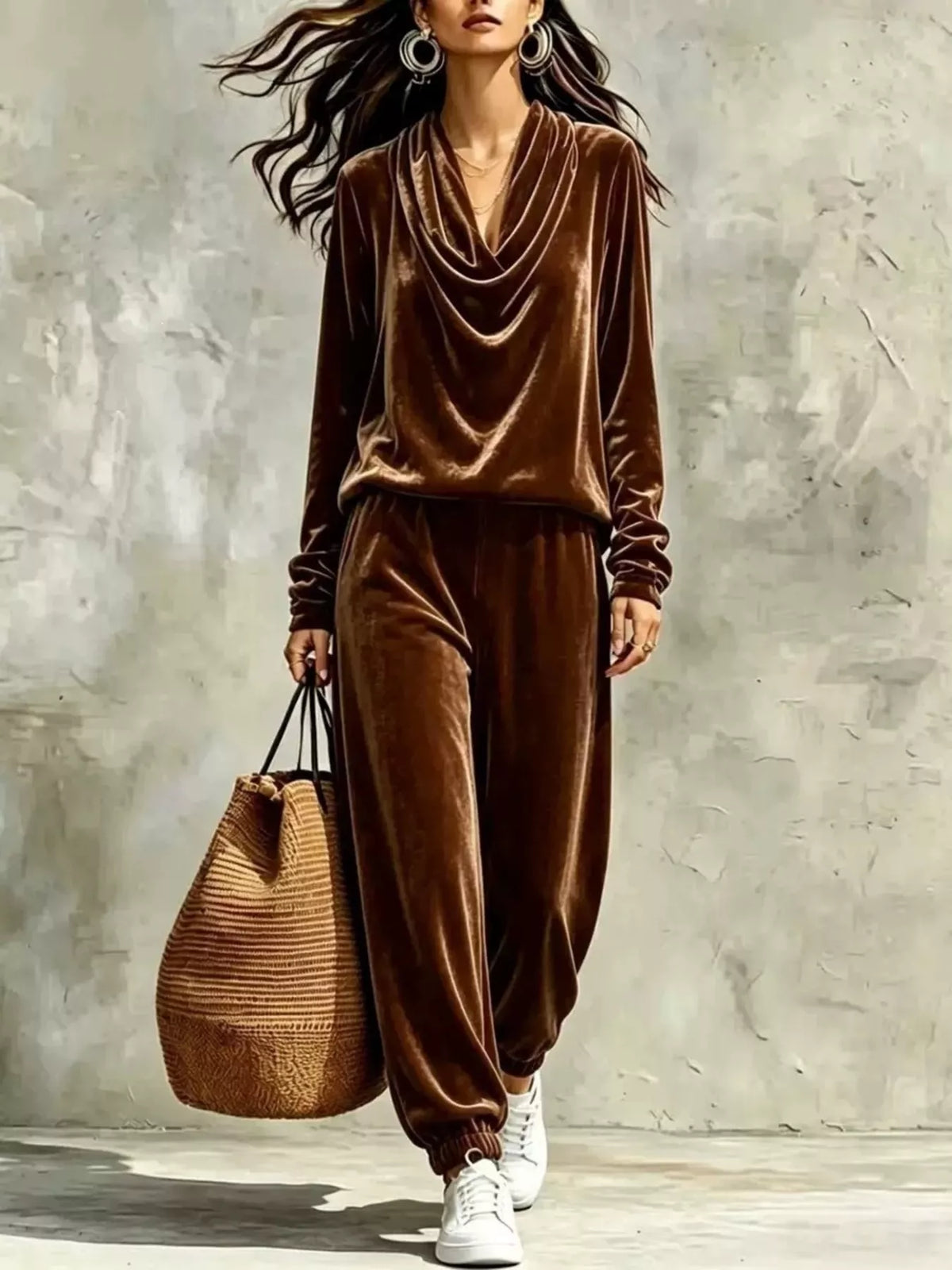 Ensemble velours femme, haut à col bénitier et pantalon assorti – vue 7