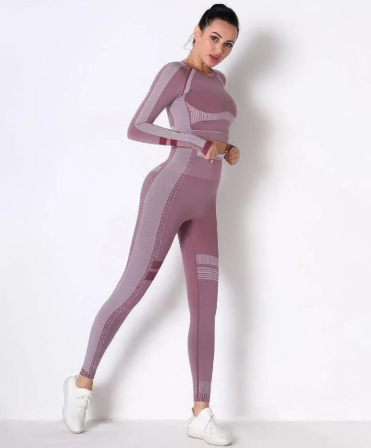 Ensemble yoga femme bordeaux sans couture : top manches longues et legging pleine longueur