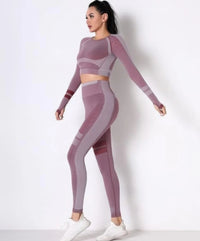 Ensemble yoga femme bordeaux sans couture : top manches longues et legging à détails contrastés