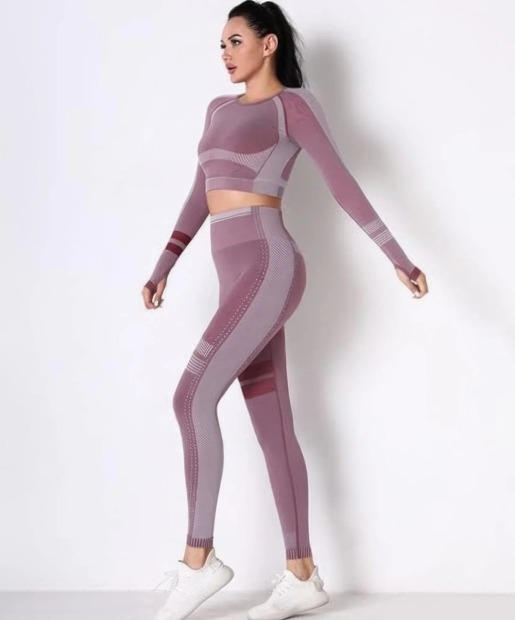 Ensemble yoga femme bordeaux sans couture : top manches longues et legging à détails contrastés