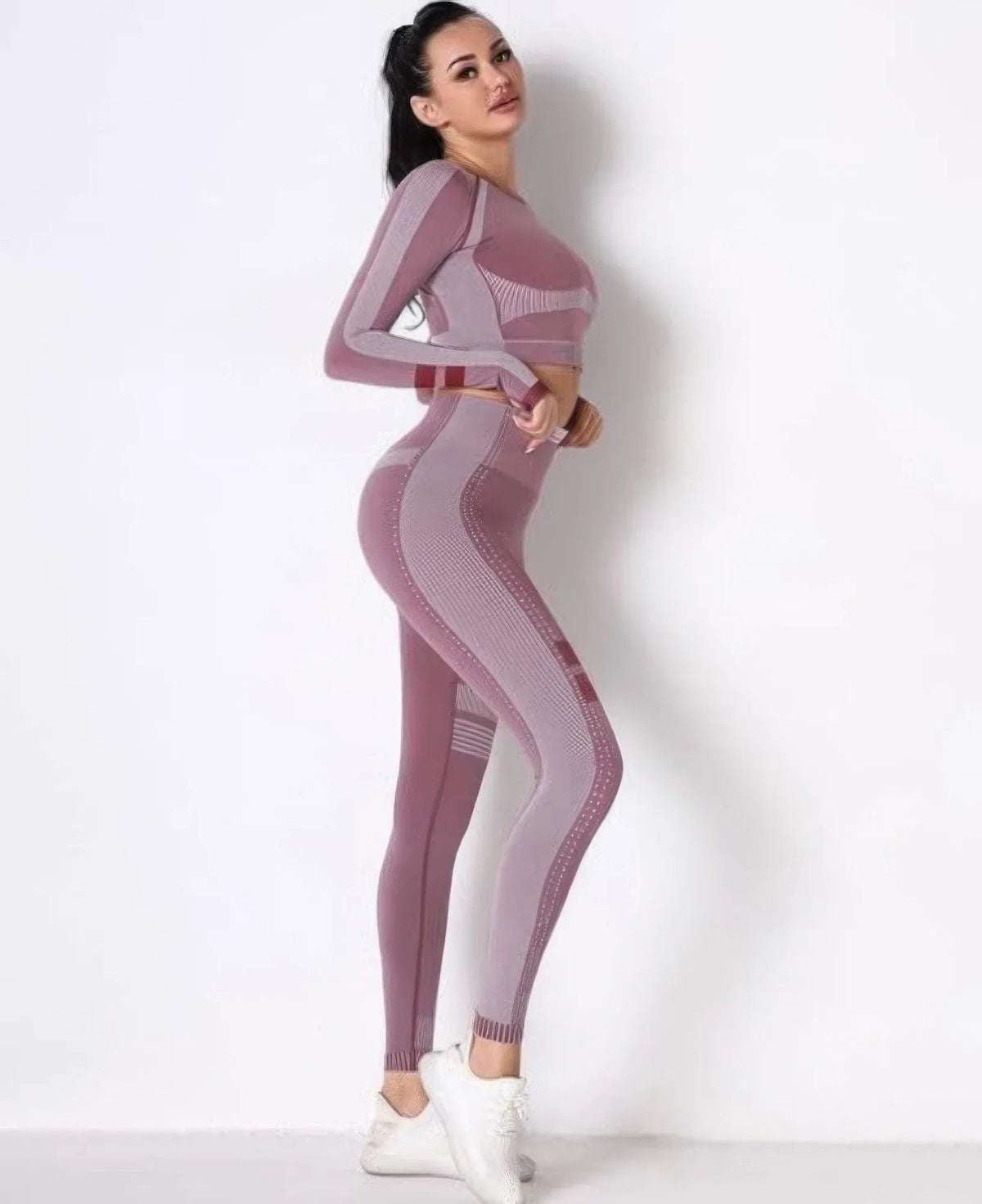 Ensemble yoga femme bordeaux sans couture : haut manches longues et legging avec bandes rayées
