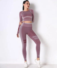 Ensemble yoga femme bordeaux sans couture : top manches longues et legging ajusté