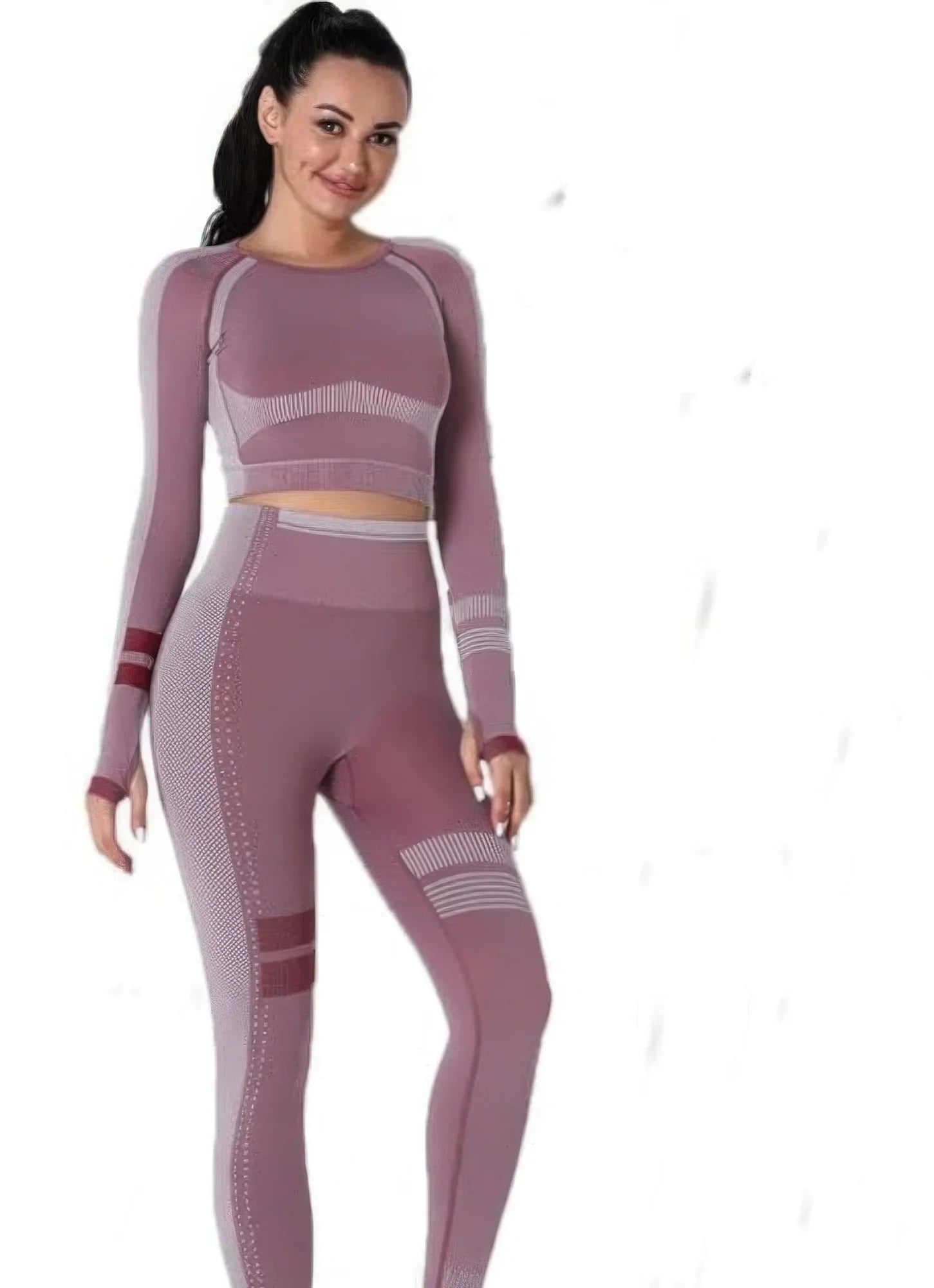 Ensemble yoga femme bordeaux sans couture : top manches longues et legging à empiècements