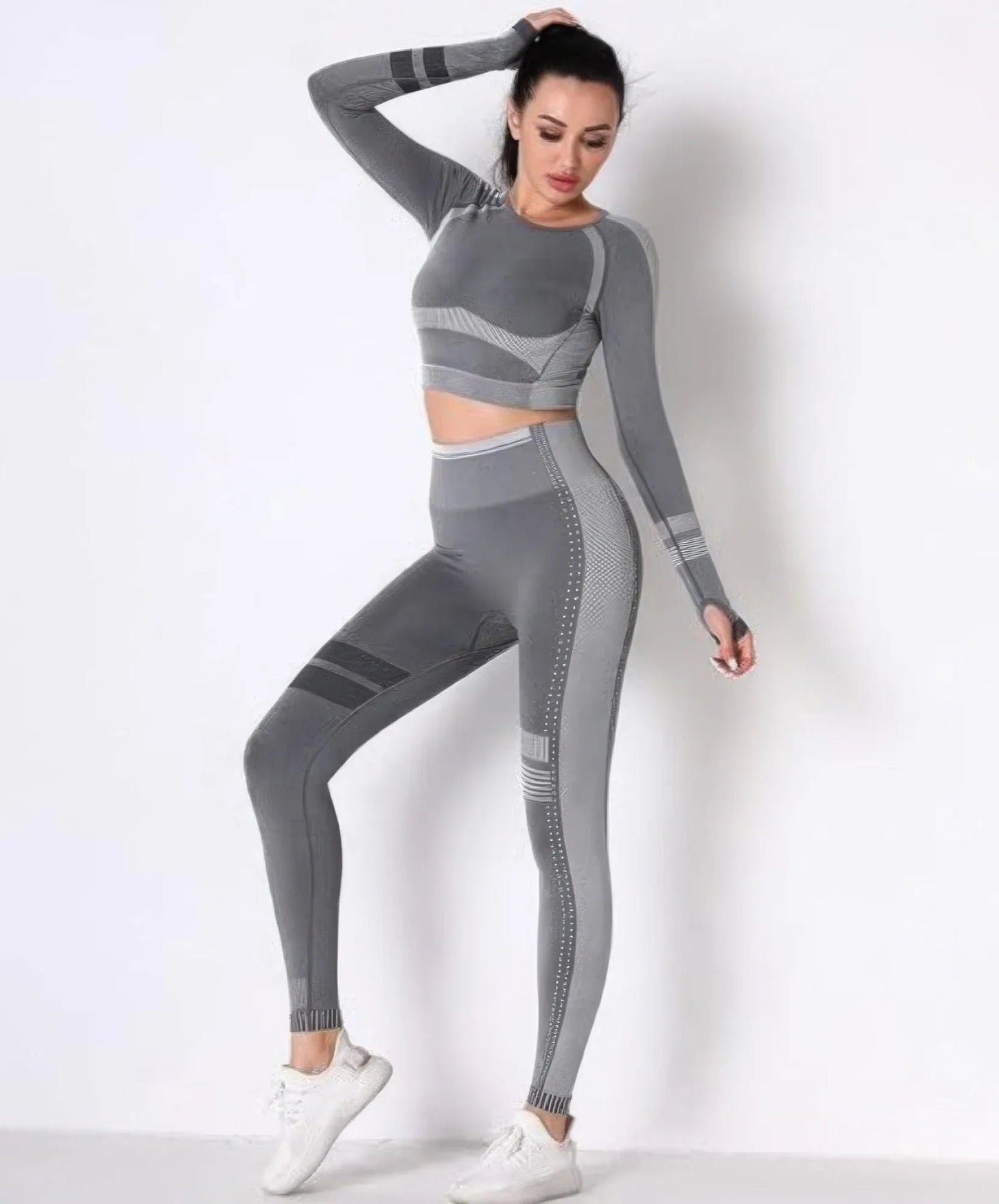 Ensemble Yoga Femme Sans Coutures Gris Foncé Manches Longues by CHARMING BUNNY