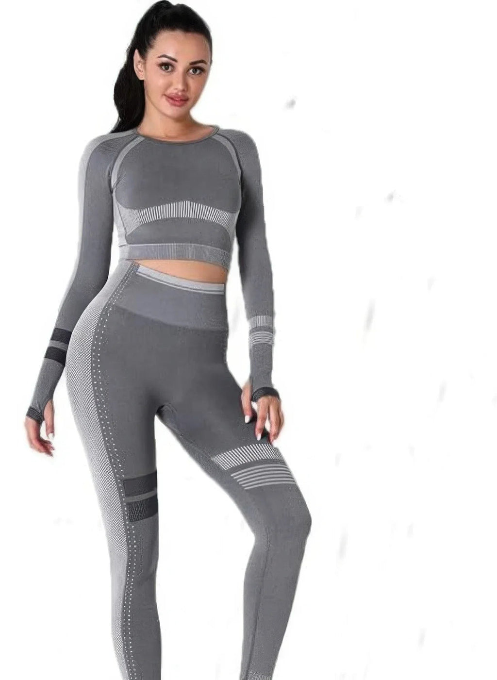 Ensemble yoga sans couture gris foncé : haut manches longues et legging profilé rayé