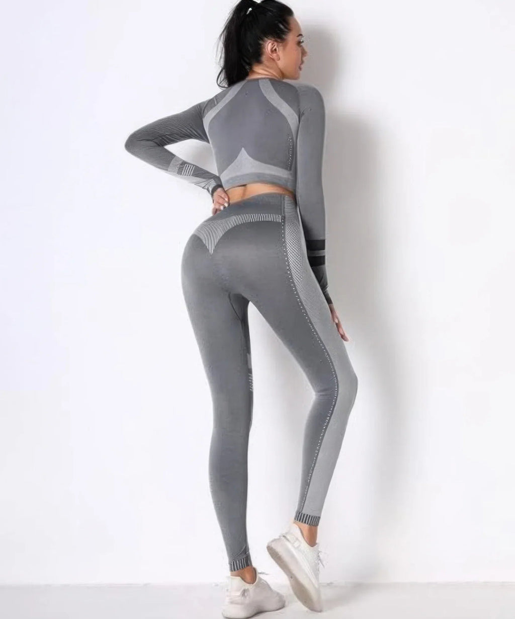 Ensemble yoga sans couture gris foncé : haut manches longues et legging, vue de dos