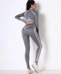 Ensemble yoga sans couture gris foncé : haut manches longues et legging, vue de dos
