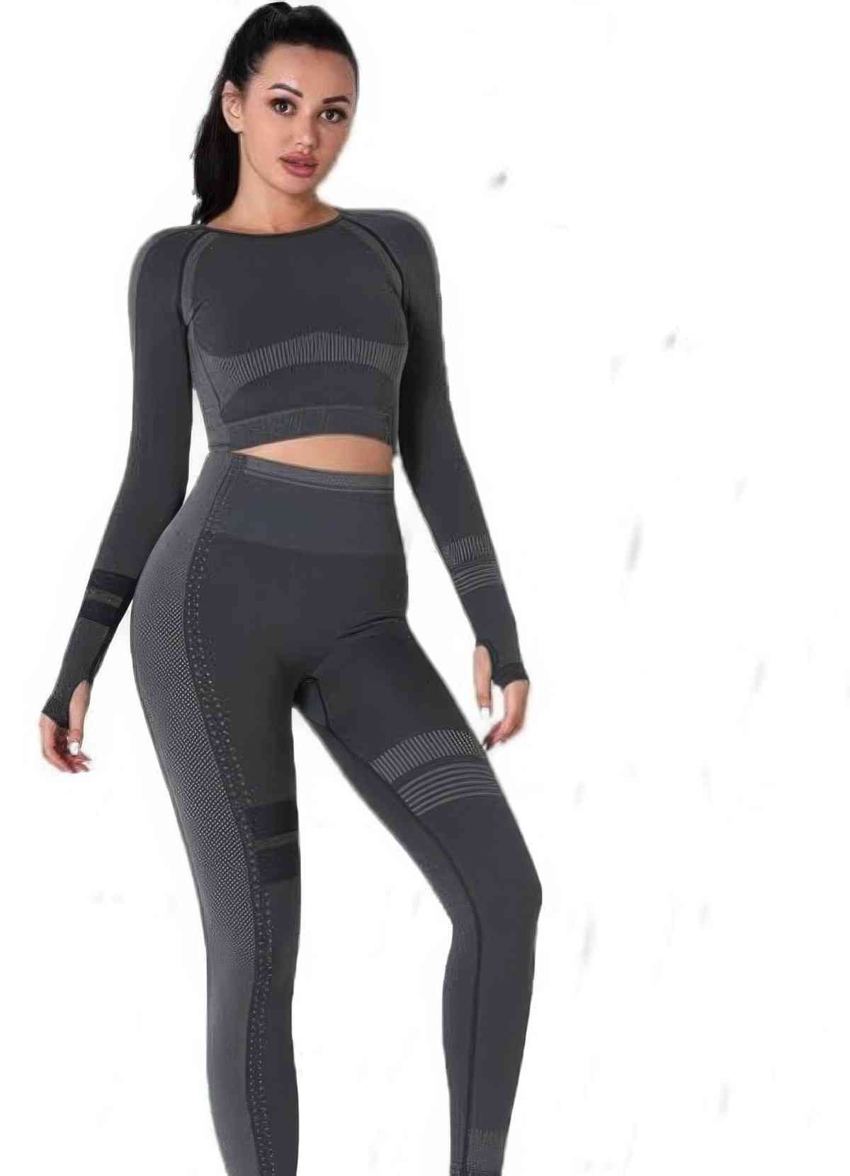 Ensemble yoga sans coutures noir: haut manches longues et legging taille haute à empiècements